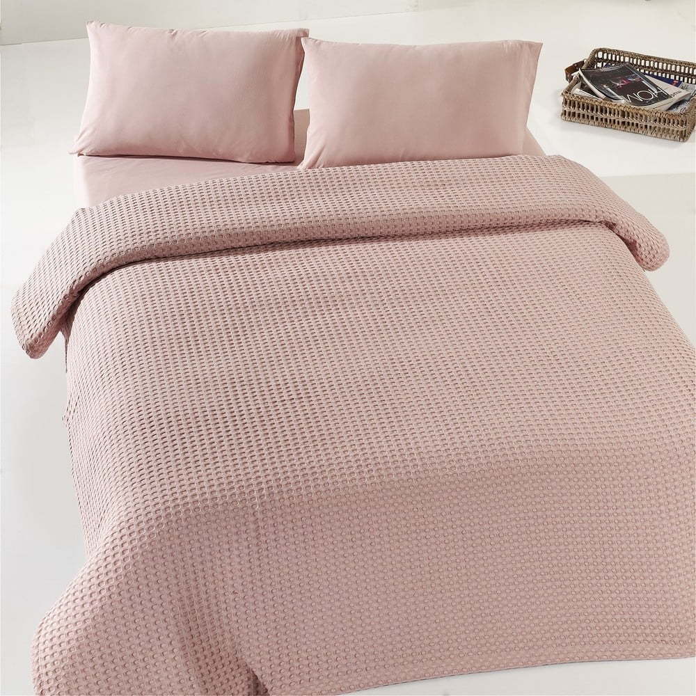 Béžovorůžový lehký bavlněný přehoz přes dvoulůžko Dusty Rose Pique