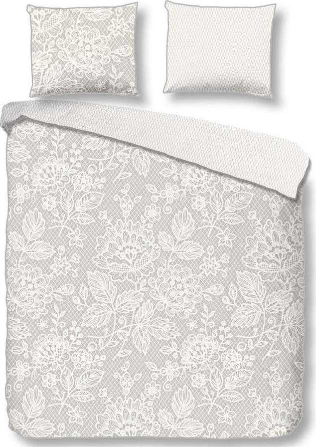 Bílo-šedé povlečení na dvoulůžko z bavlněného saténu Descanso Lily