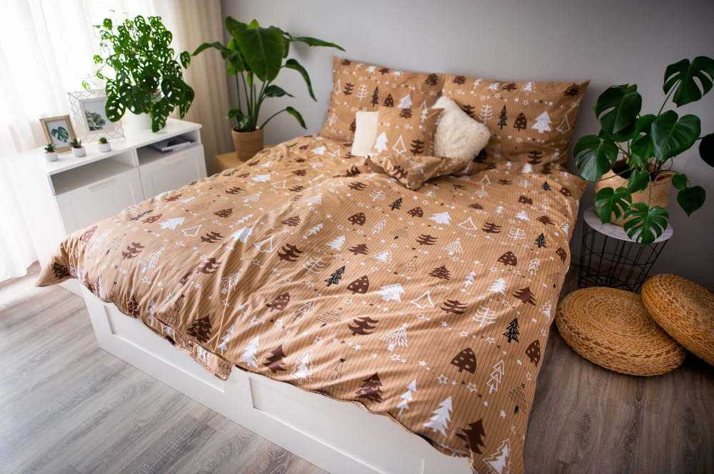 Hnědé bavlněné povlečení na jednolůžko Cotton House Trees