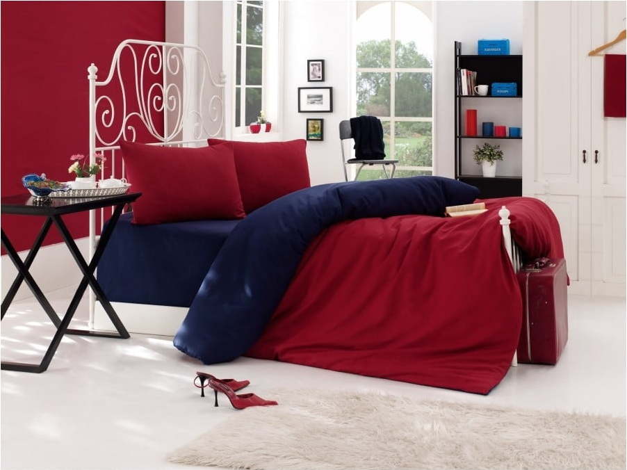 Modro-červené povlečení s prostěradlem na dvoulůžko EnLora Home