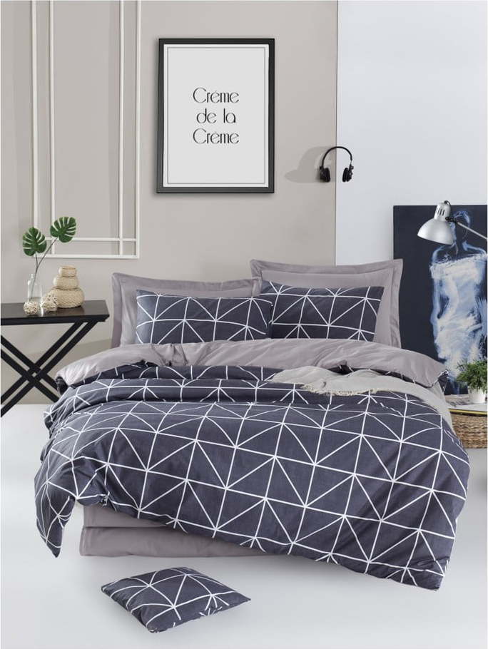 Povlečení s prostěradlem na dvoulůžko z ranforce bavlny Mijolnir Gina Anthracite