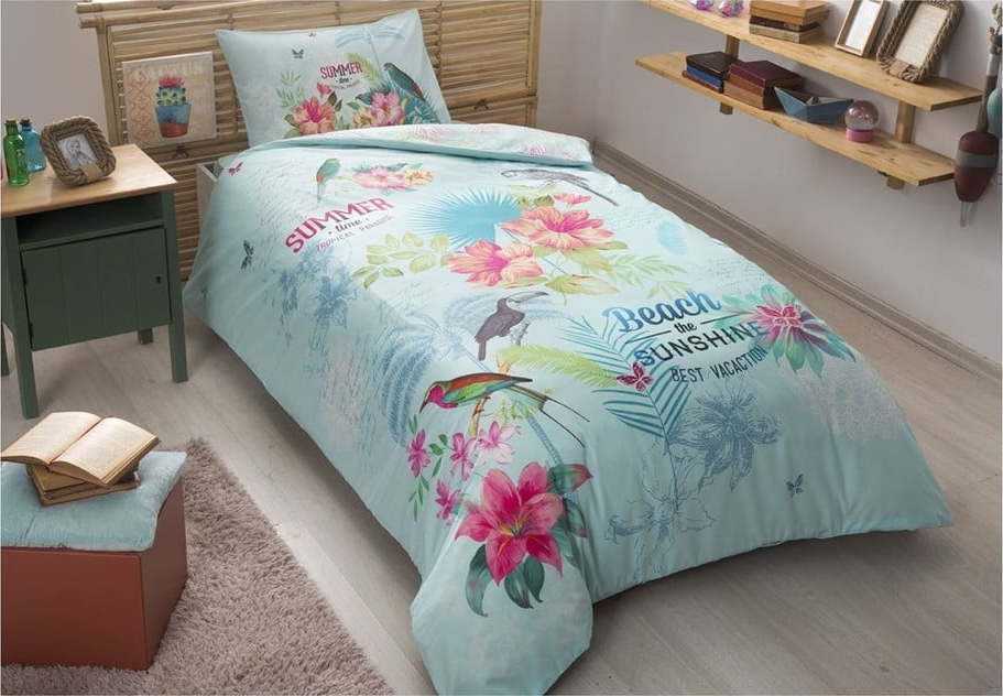 Povlečení s prostěradlem z ranforce bavlny na dvoulůžko Summer Turquoise