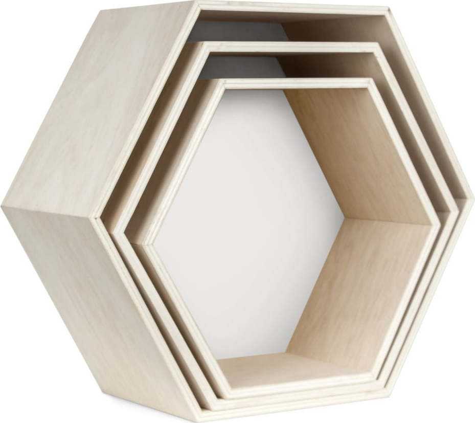 Sada 3 bílo-hnědých nástěnných poliček Little Nice Things Hexagon Little Nice Things