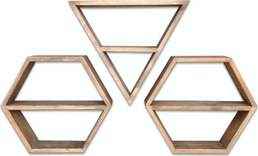 Sada 3 dřevěných nástěnných polic Hexa Evila Originals