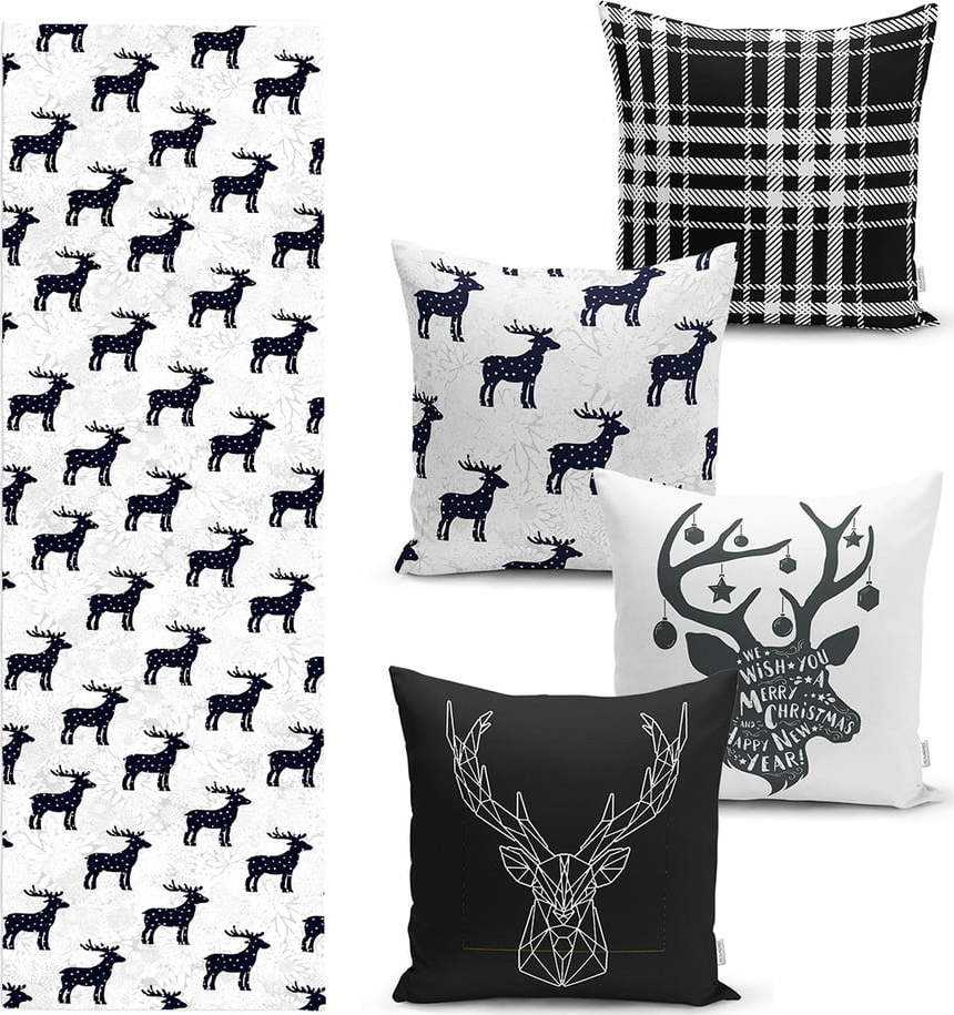 Sada 4 vánočních povlaků na polštář a běhounu na stůl Minimalist Cushion Covers Reindeer and Stars Minimalist Cushion Covers