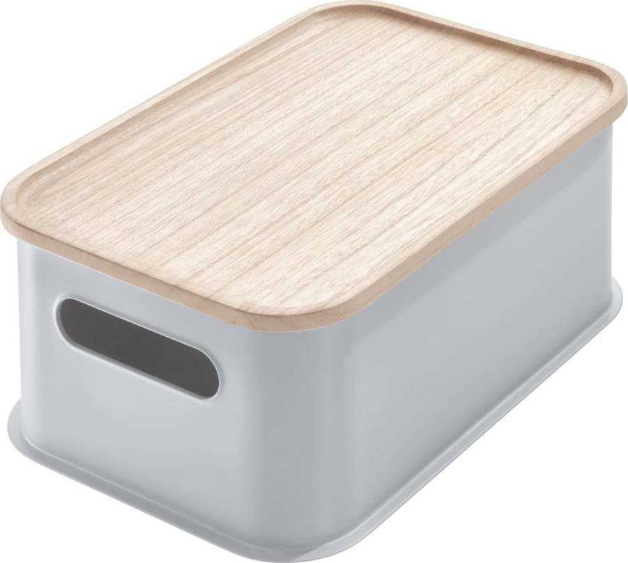 Šedý úložný box s víkem ze dřeva paulownia iDesign Eco Handled