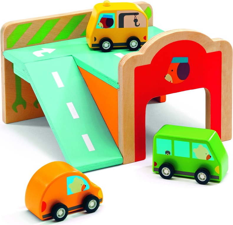 Set 3 dřevěných autíček s garáží Djeco Garage DJECO