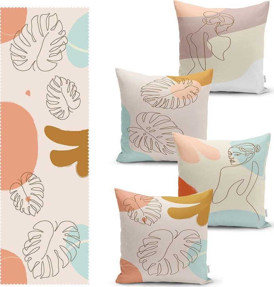 Set 4 povlaků na polštář a běhounu na stůl s příměsí bavlny Minimalist Home World Minimalist Home World