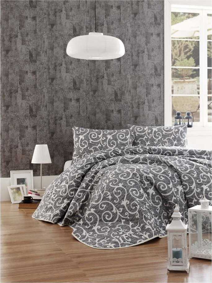 Set černého přehozu a 2 povlaků na polštáře Merle