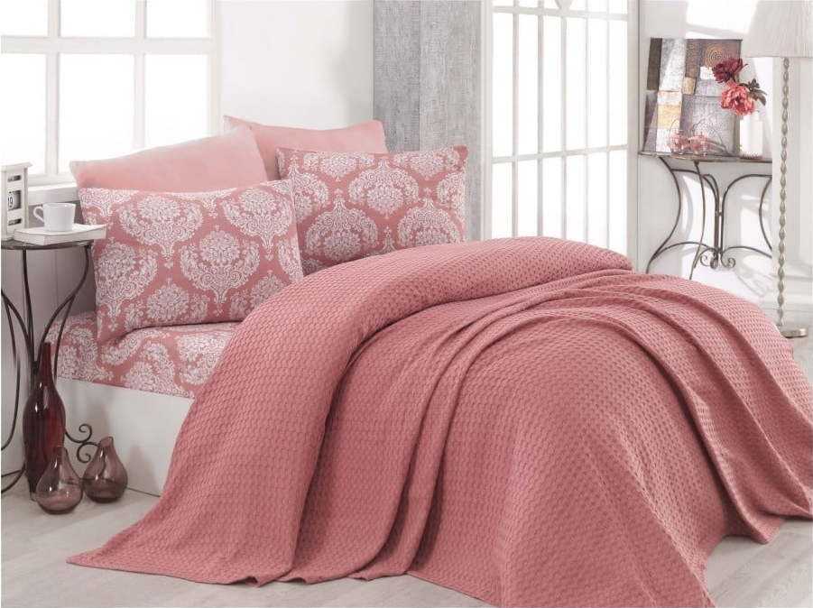 Set růžového bavlněného přehozu