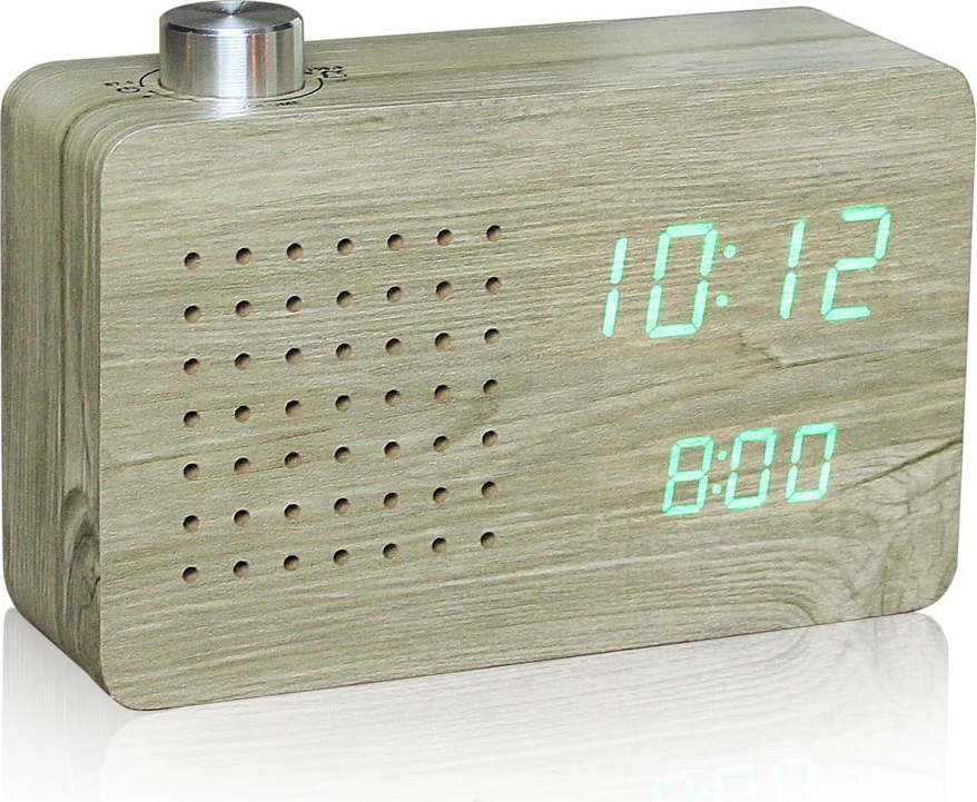 Světle hnědý budík se zeleným LED displejem a rádiem Gingko Radio Click Clock Gingko