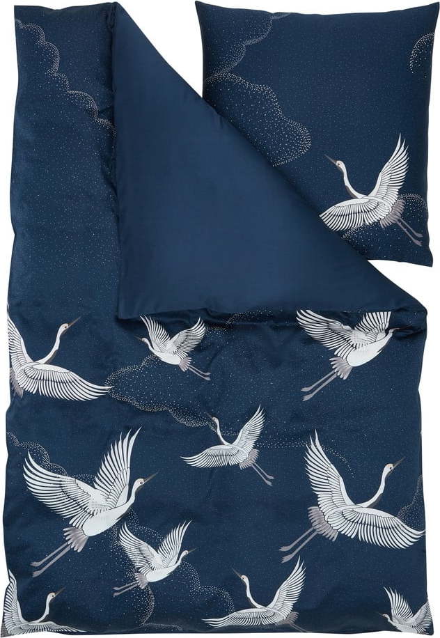 Tmavě modré povlečení na jednolůžko z bavlněného saténu Westwing Collection Yanina