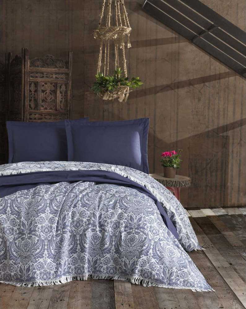 Tmavě modrý bavlněný přehoz na dvoulůžko EnLora Home Nish