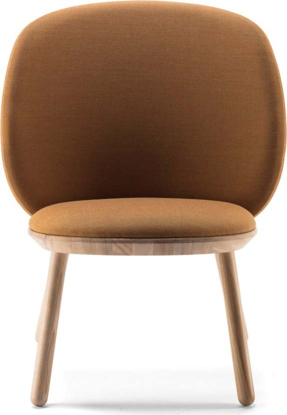 Žluté křeslo s konstrukcí z jasanového dřeva a koženými detaily EMKO Naïve Emko