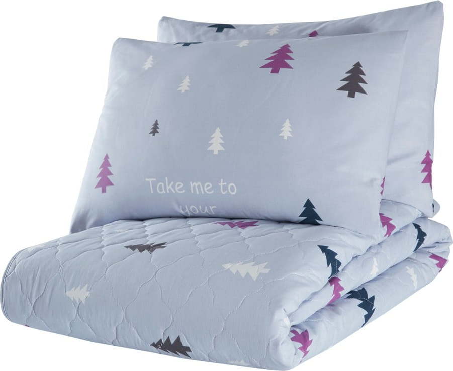 Modrý přehoz přes postel se 2 povlaky na polštář z ranforce bavlny Mijolnir Takeme