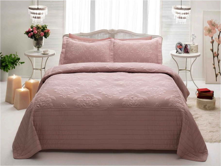 Prošívaný lehký přehoz na dvoulůžko s povlaky na polštáře France Powder