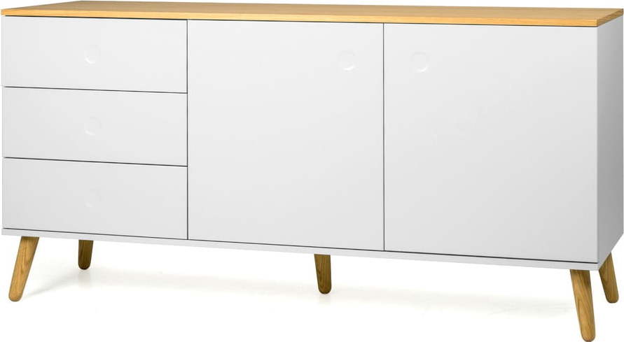 Bílý dvoudveřový příborník s nohami z dubového dřeva se 3 zásuvkami Tenzo Dot Tenzo