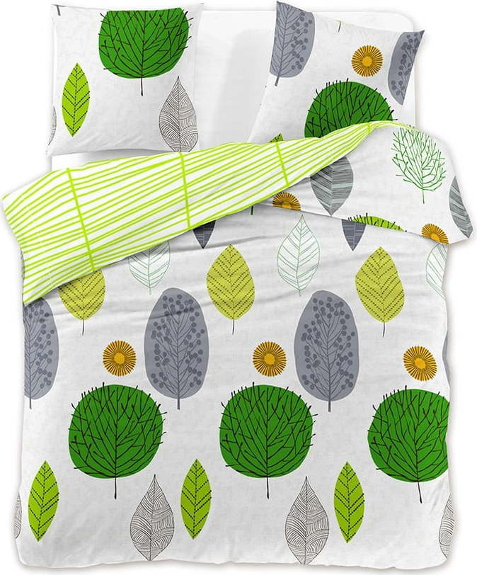 Bílo-zelené povlečení z bavlněného saténu na dvoulůžko DecoKing Greenleaf