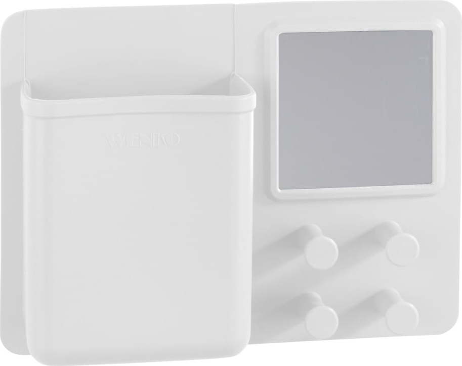 Bílý silikonový nástěnný organizér s háčky a zrcátkem Wenko Ampio WENKO