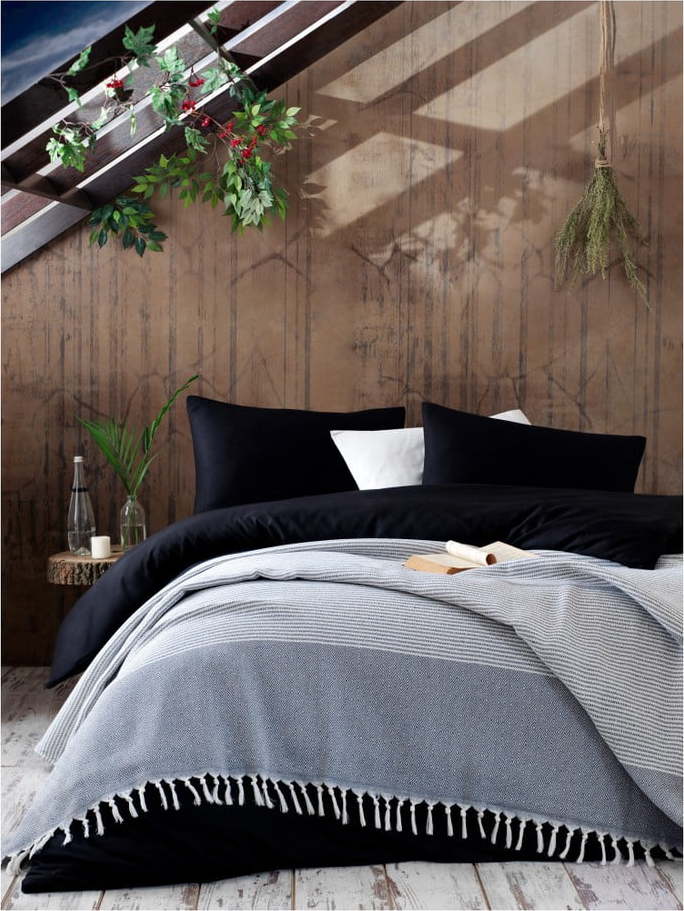 Černobílý bavlněný přehoz přes postel EnLora Home Anna Yatak Örtüsü