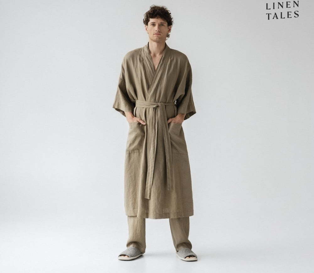 Khaki lněný župan velikost S/M Summer – Linen Tales Linen Tales