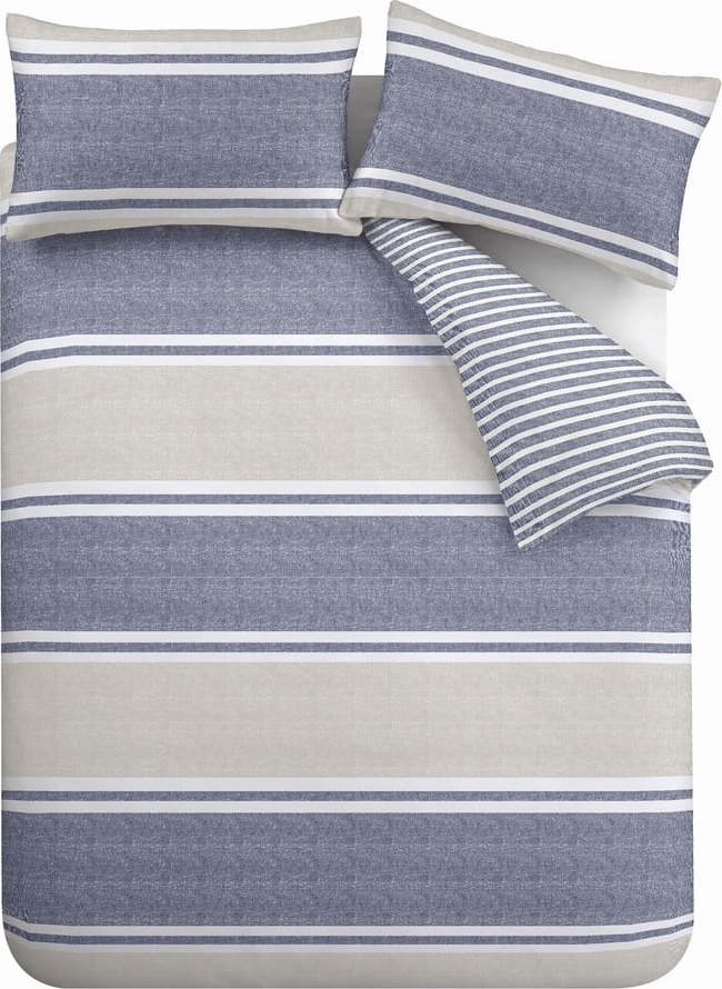 Modro-béžové prodloužené povlečení na dvoulůžko 230x220 cm Banded Stripe - Catherine Lansfield Catherine Lansfield