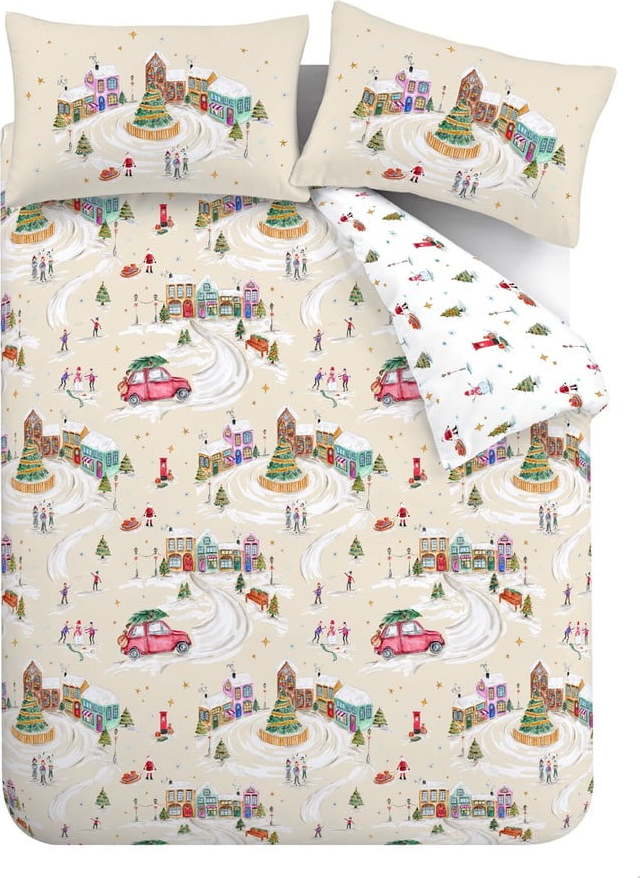 Bílo-béžové prodloužené povlečení na dvoulůžko 200x220 cm Christmas Town – Catherine Lansfield Catherine Lansfield