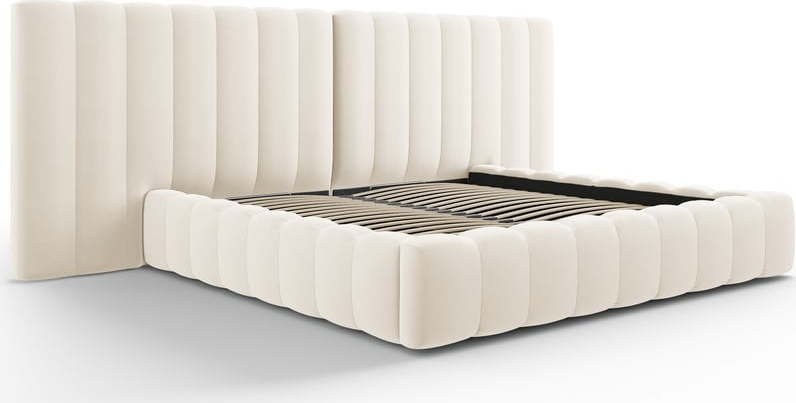 Béžová čalouněná dvoulůžková postel s úložným prostorem a roštem 180x200 cm Gina – Milo Casa Milo Casa