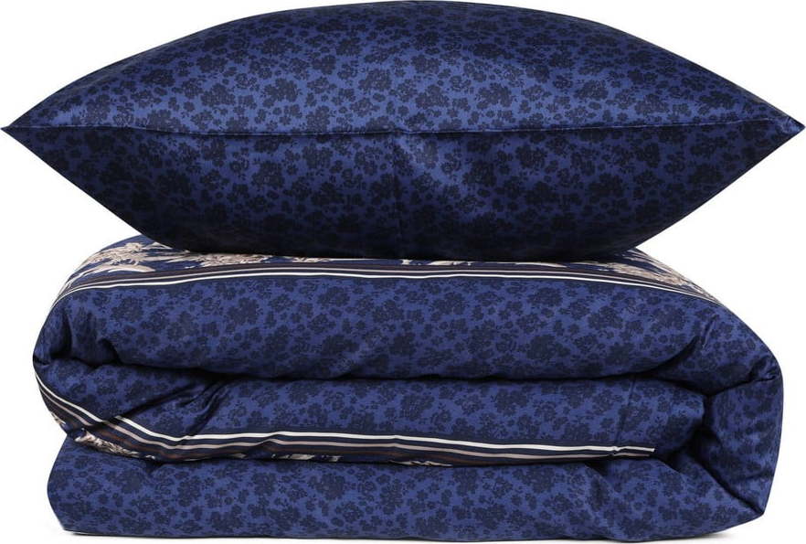 Tmavě modré prodloužené povlečení na dvoulůžko z bavlněného saténu s prostěradlem a přehozem 240x260 cm Pera – Mijolnir Mijolnir