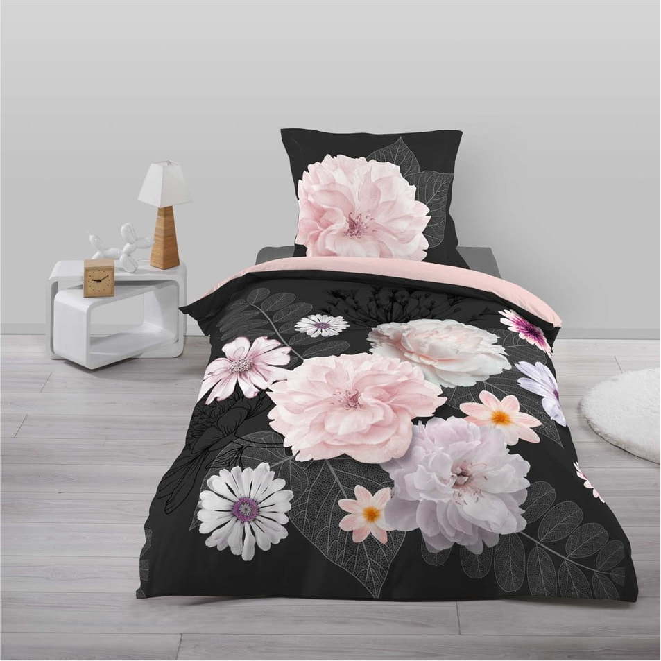 Černo-růžové bavlněné povlečení na jednolůžko 140x200 cm Floral – douceur d'intérieur Douceur d intérieur
