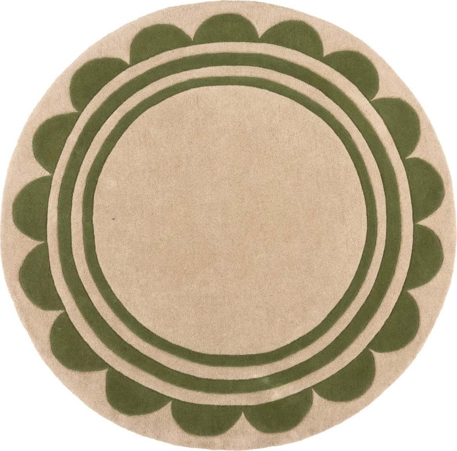 Ručně tkaný vlněný kulatý koberec v zeleno-přírodní barvě ø 120 cm Lois Scallop – Flair Rugs Flair Rugs