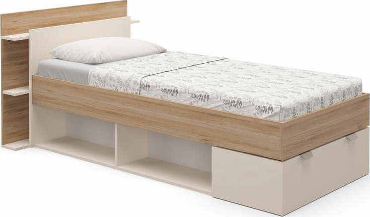 Jednolůžková postel v dekoru dubu s úložným prostorem bez roštu v bílo-přírodní barvě 90x200 cm Albo – Marckeric Marckeric
