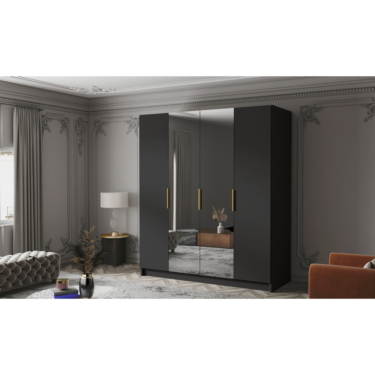 Šatní skříň SALVADOR 200 II - černá/zlaté úchytky ankon