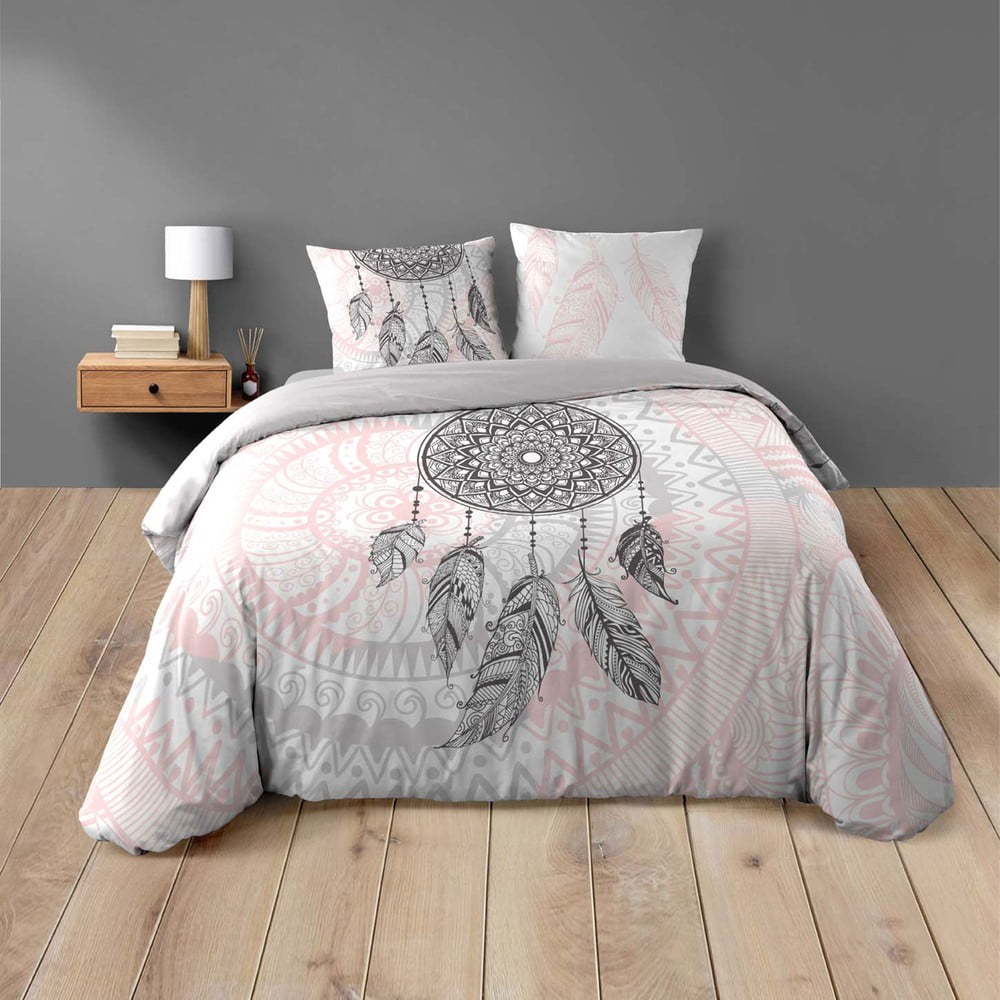 Bílé/růžové 3dílné bavlněné povlečení na dvoulůžko/prodloužené 240x220 cm Namaste – douceur d'intérieur Douceur d intérieur