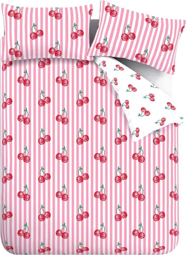 Bílé/růžové povlečení na dvoulůžko 200x200 cm Disco Cherries Stripes – Catherine Lansfield Catherine Lansfield
