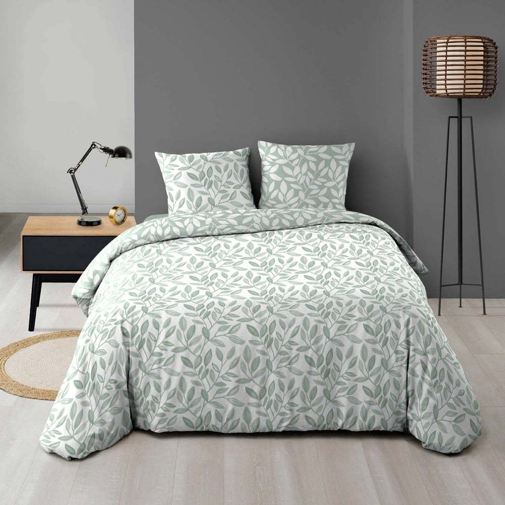 Bílé/zelené povlečení na dvoulůžko/prodloužené z mikrovlákna 240x220 cm Sequoia – douceur d'intérieur Douceur d intérieur