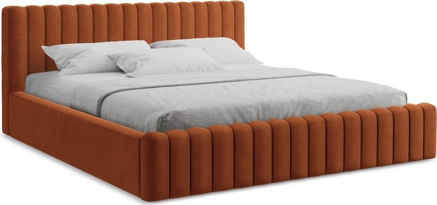 Čalouněná dvoulůžková postel s úložným prostorem s roštem 180x200 cm v terakotové barvě Lemi – Makamii Makamii