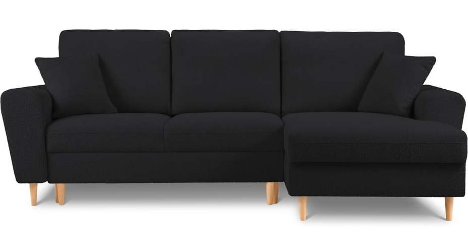 Černá rozkládací/s úložným prostorem rohová pohovka z textilie bouclé (pravý roh/s lenoškou) Kyoto – Cosmopolitan Design Cosmopolitan design