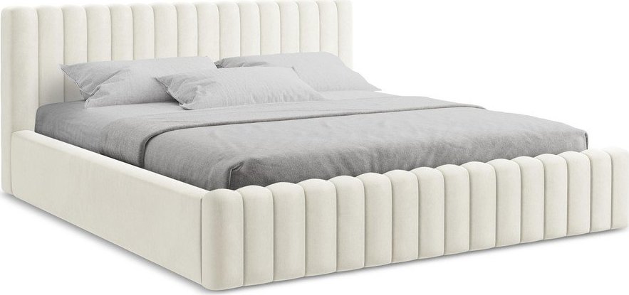 Krémová čalouněná dvoulůžková postel s úložným prostorem s roštem 160x200 cm Lemi – Makamii Makamii