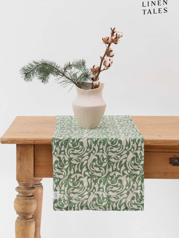 Lněný běhoun na stůl 40x200 cm Evergreen Damask – Linen Tales Linen Tales