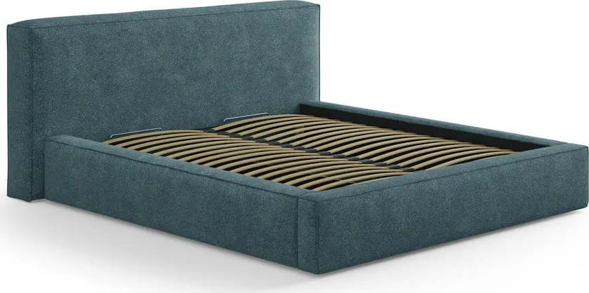 Modrá čalouněná dvoulůžková postel s úložným prostorem s roštem 200x200 cm Simon Olivia – Micadoni Micadoni