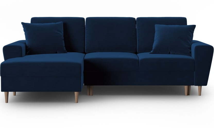 Modrá sametová rozkládací/s úložným prostorem rohová pohovka (levý roh/s lenoškou) Kyoto – Cosmopolitan Design Cosmopolitan design