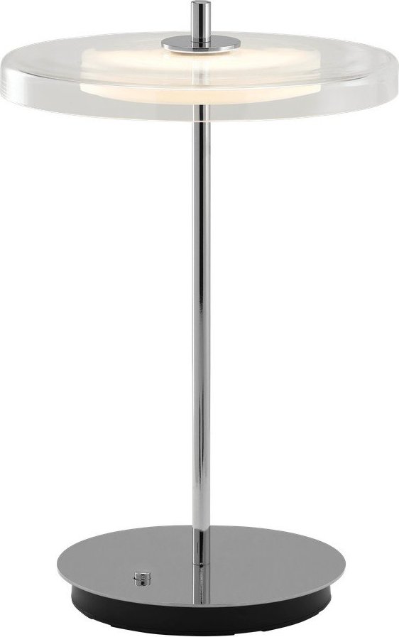 Ocelová LED stolní lampa s USB portem ve stříbrné barvě se skleněným stínidlem (výška 31 cm) Asteria Move – UMAGE UMAGE