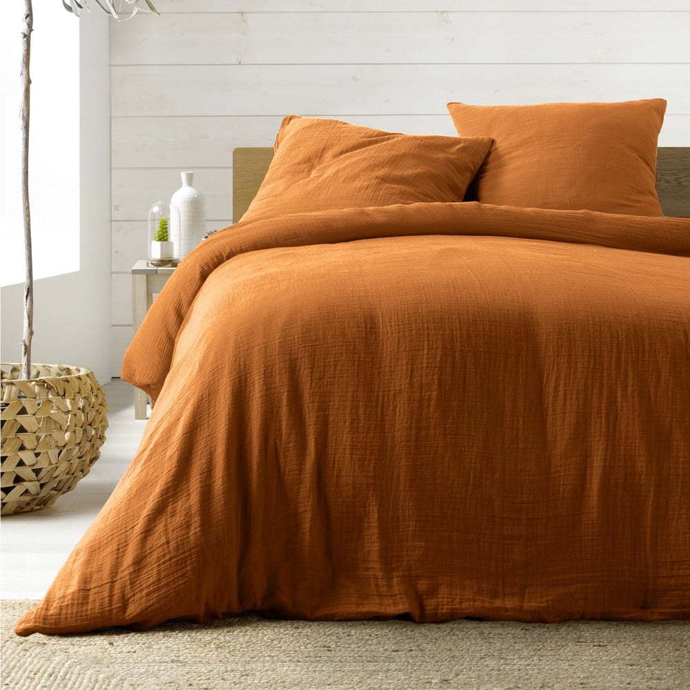 Oranžové/hnědé mušelínové povlečení na dvoulůžko/prodloužené 240x220 cm Angelia – douceur d'intérieur Douceur d intérieur