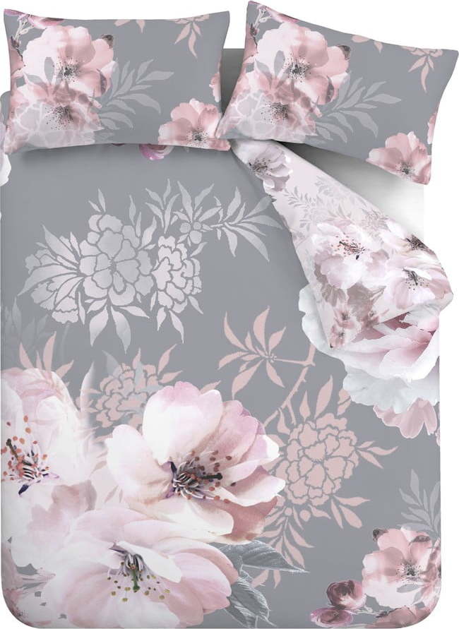 Růžové/šedé povlečení na dvoulůžko/prodloužené 230x220 cm Dramatic Floral – Catherine Lansfield Catherine Lansfield