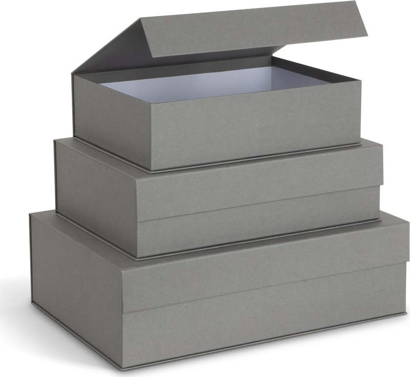Šedé kartonové úložné boxy v sadě 3 ks s víkem 42