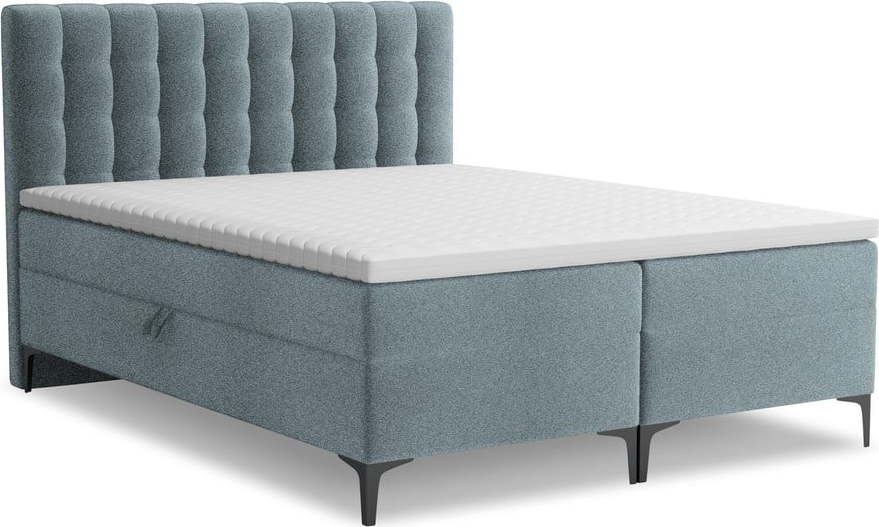 Světle modrá boxspring postel s úložným prostorem 160x200 cm Puhala – Makamii Makamii