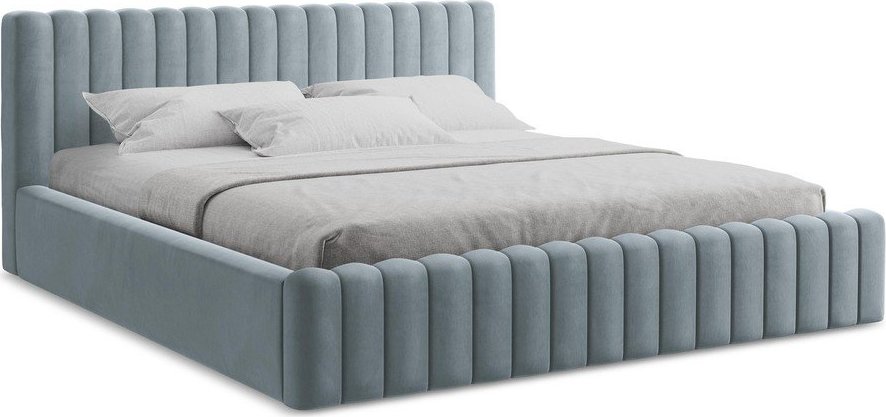 Světle modrá čalouněná dvoulůžková postel s úložným prostorem s roštem 180x200 cm Lemi – Makamii Makamii