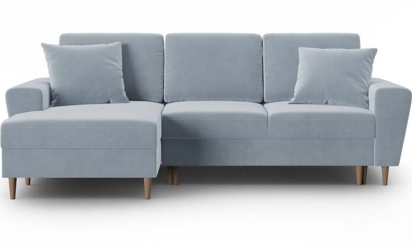 Světle modrá sametová rozkládací/s úložným prostorem rohová pohovka (levý roh/s lenoškou) Kyoto – Cosmopolitan Design Cosmopolitan design