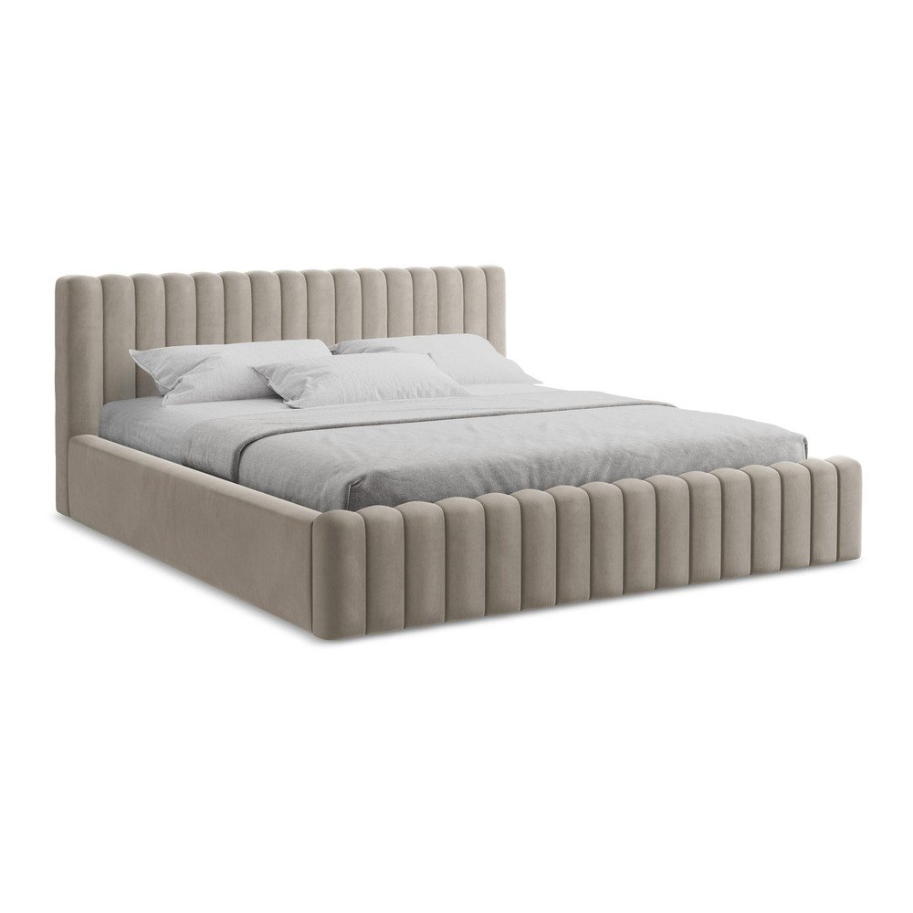 Taupe čalouněná dvoulůžková postel s úložným prostorem s roštem 160x200 cm Lemi – Makamii Makamii